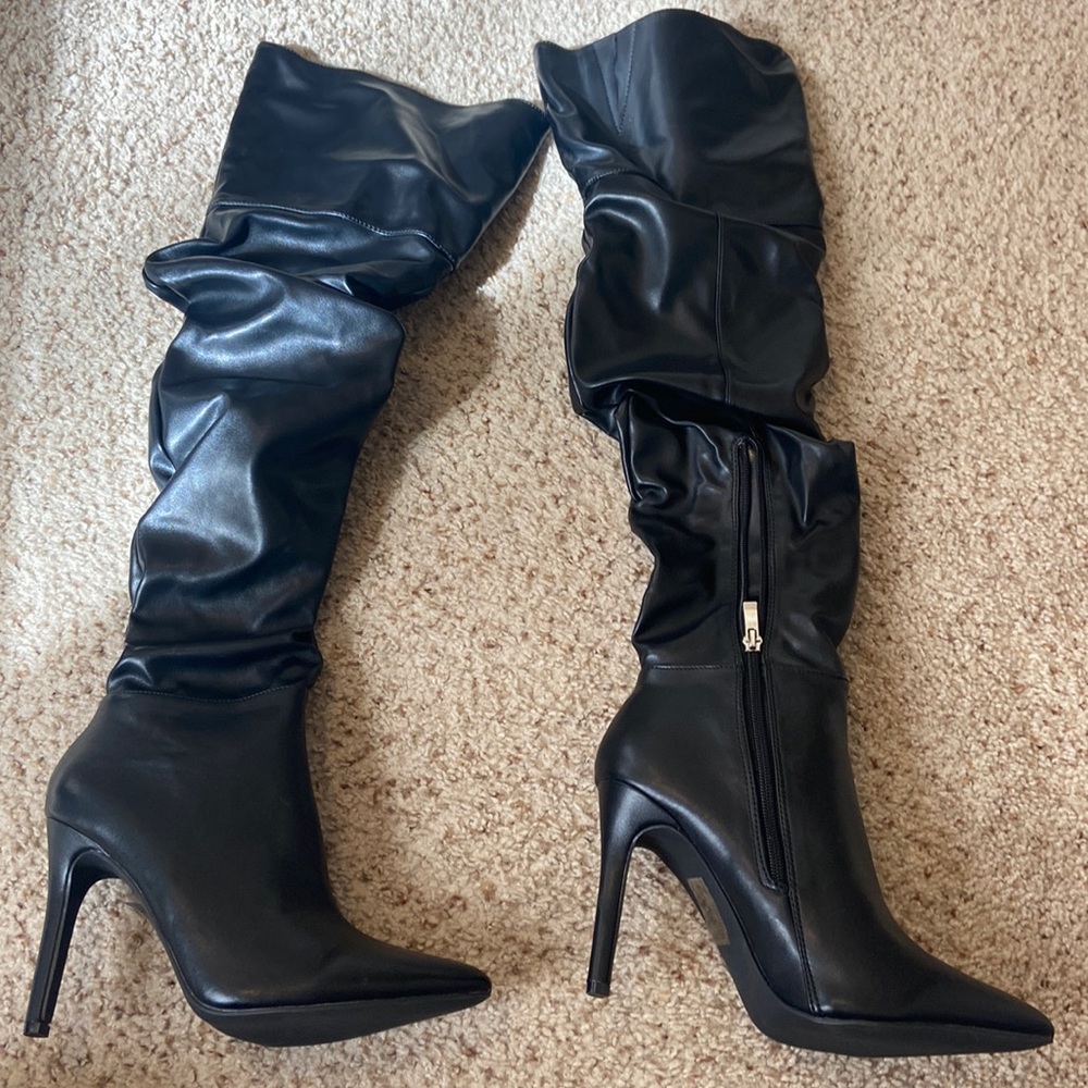 FashionNova over the knee black scrunch leather boots